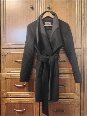 Guess Asymmetrical Contrast Shawl Collar Belted Wrap Coat
